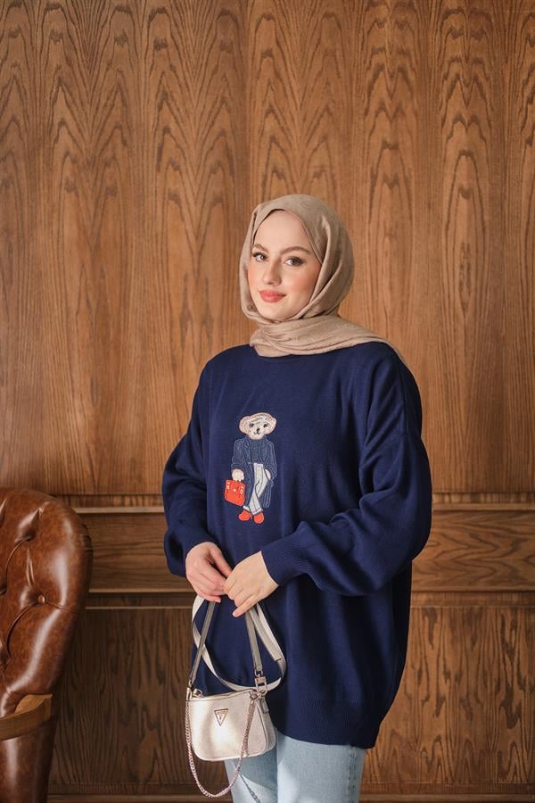 Ayıcık Nakışlı Triko Takım Lacivert