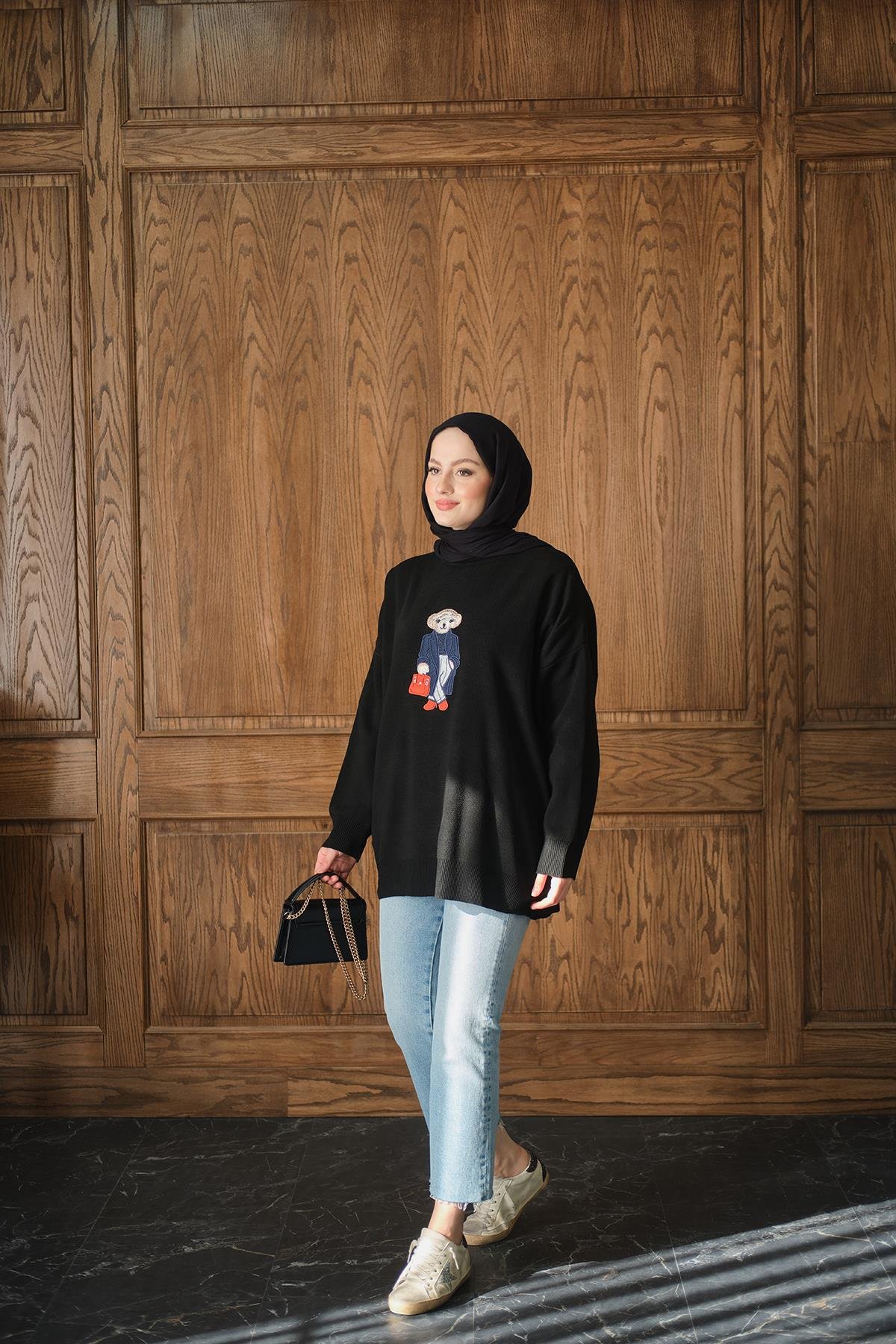 Ayıcık Nakışlı Triko Takım Siyah