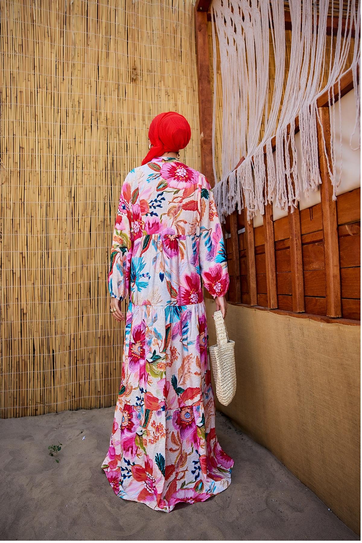 Bahar Çiceği Desen Elbise Fuşya