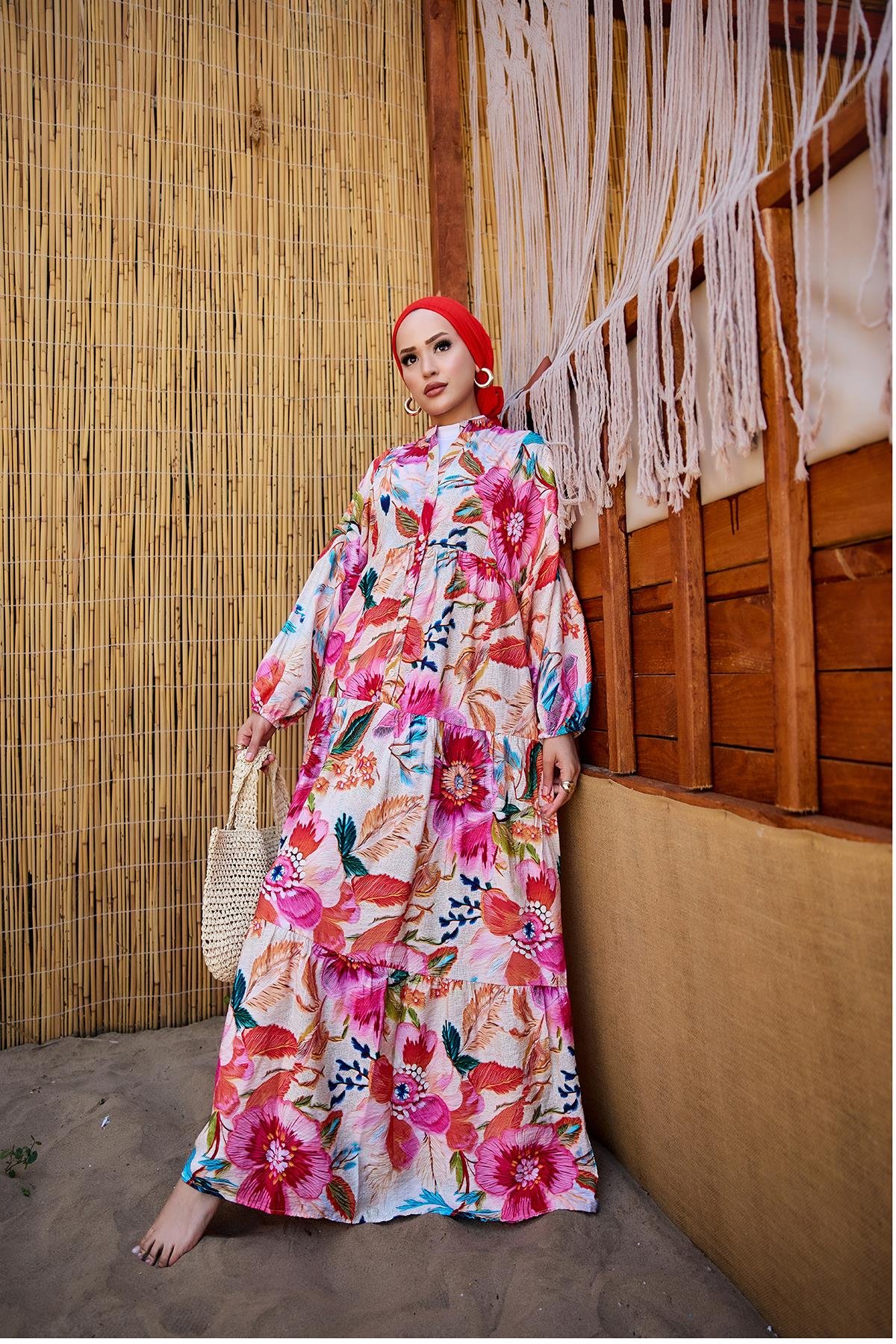 Bahar Çiceği Desen Elbise Fuşya