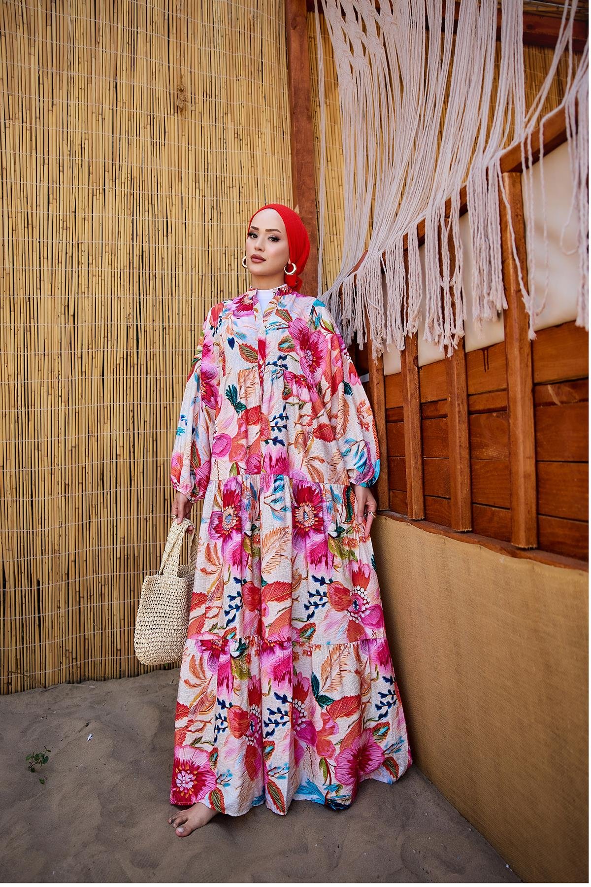 Bahar Çiceği Desen Elbise Fuşya