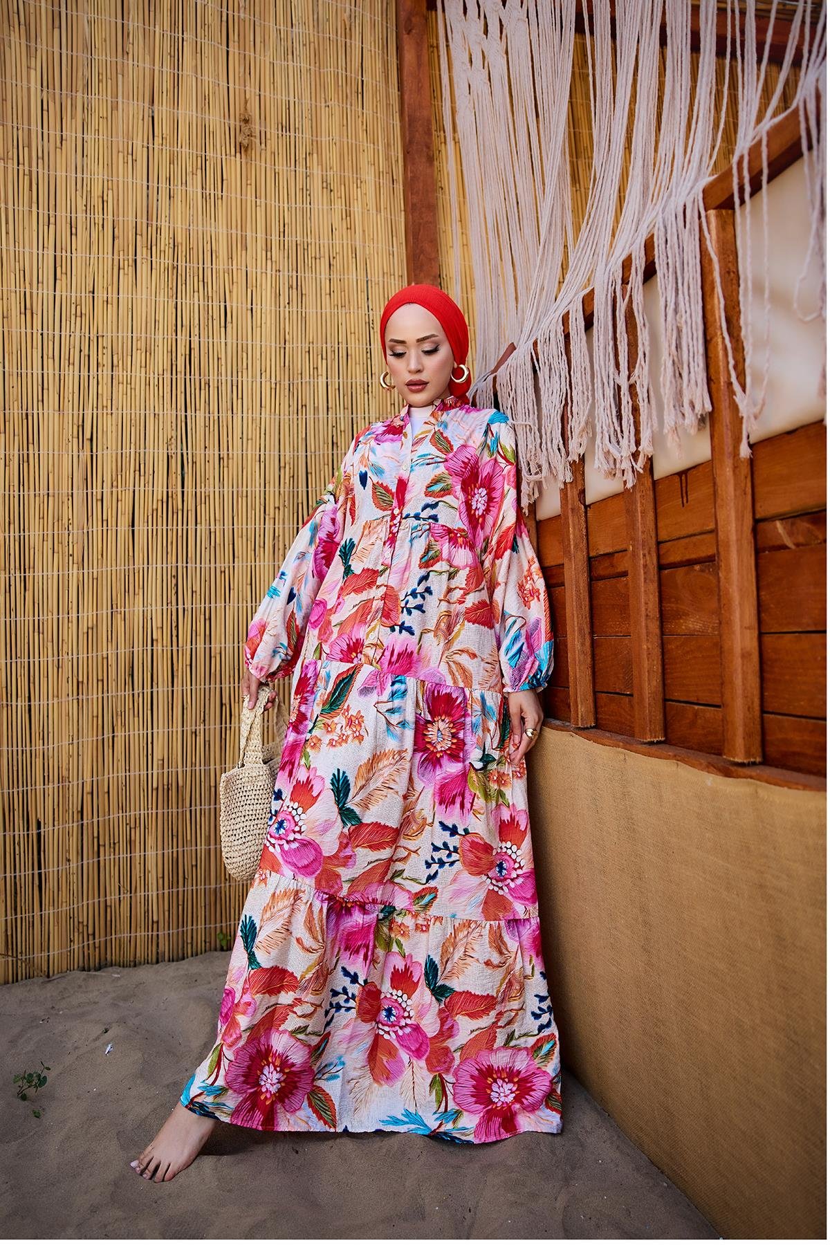 Bahar Çiceği Desen Elbise Fuşya