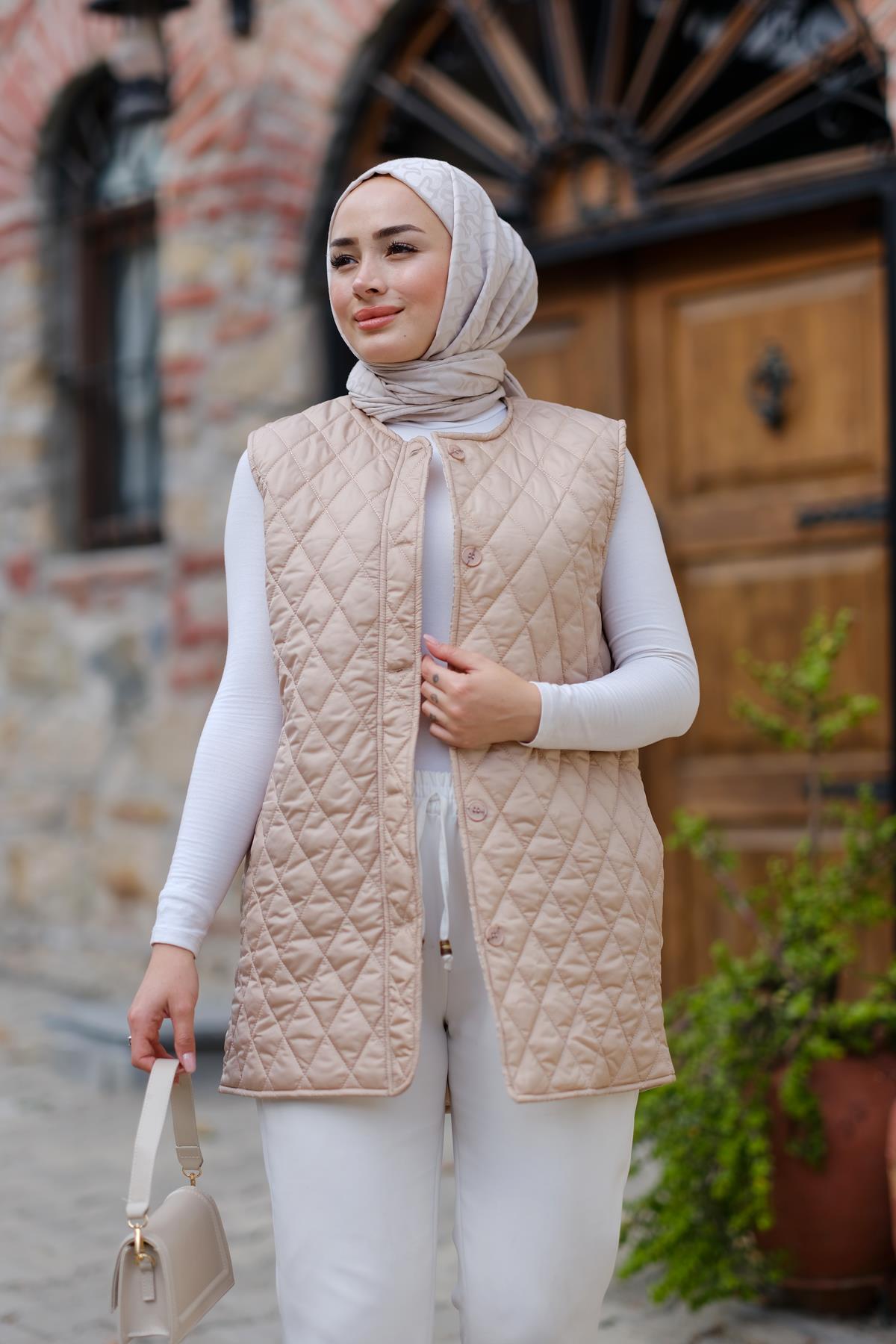 Baklava Desen İnce Yelek Krem