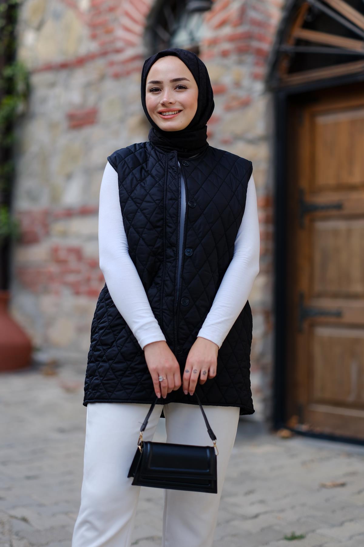 Baklava Desen İnce Yelek Siyah