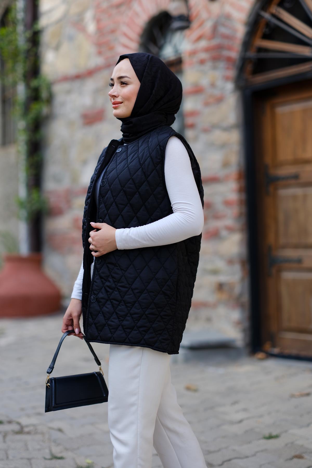 Baklava Desen İnce Yelek Siyah