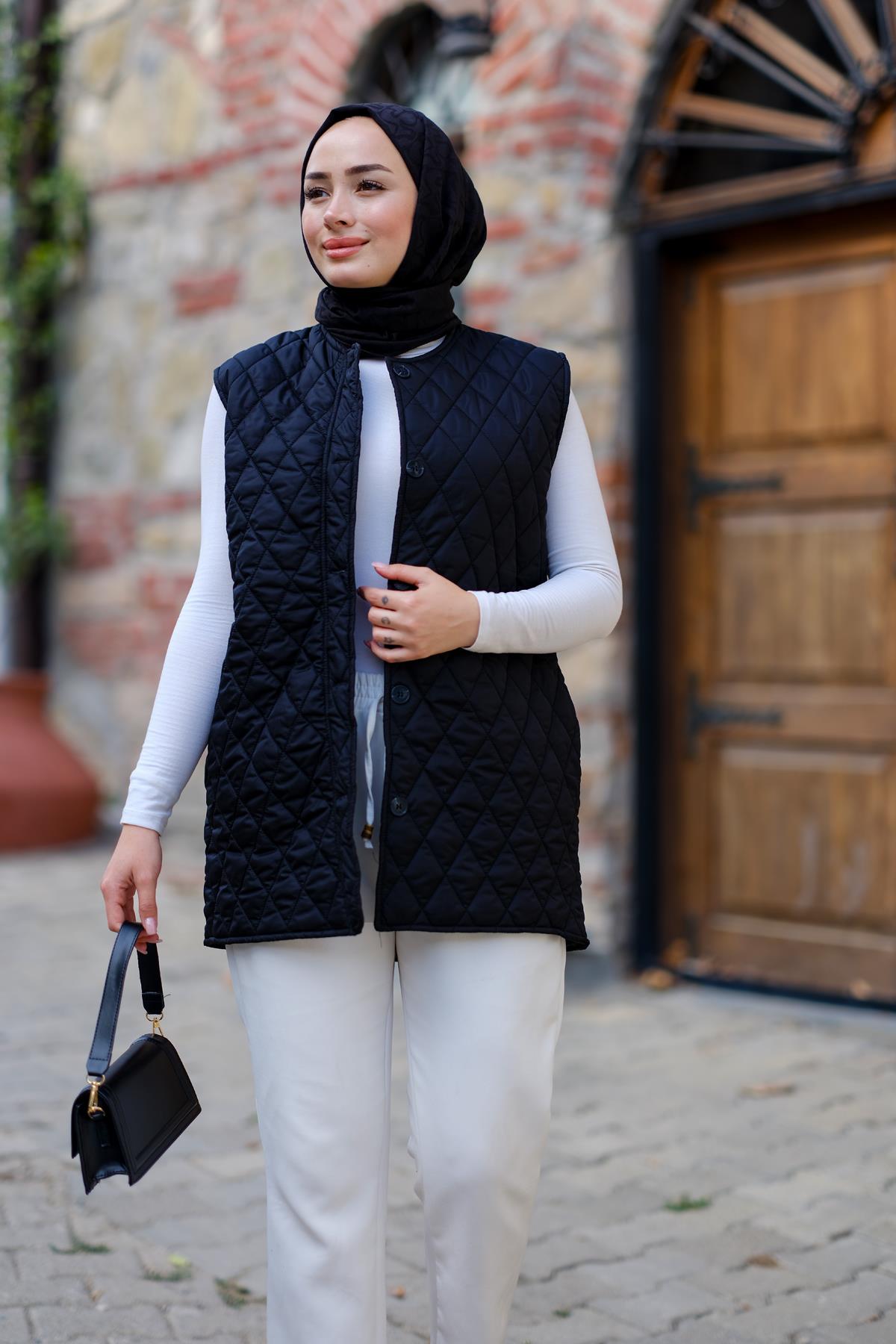 Baklava Desen İnce Yelek Siyah