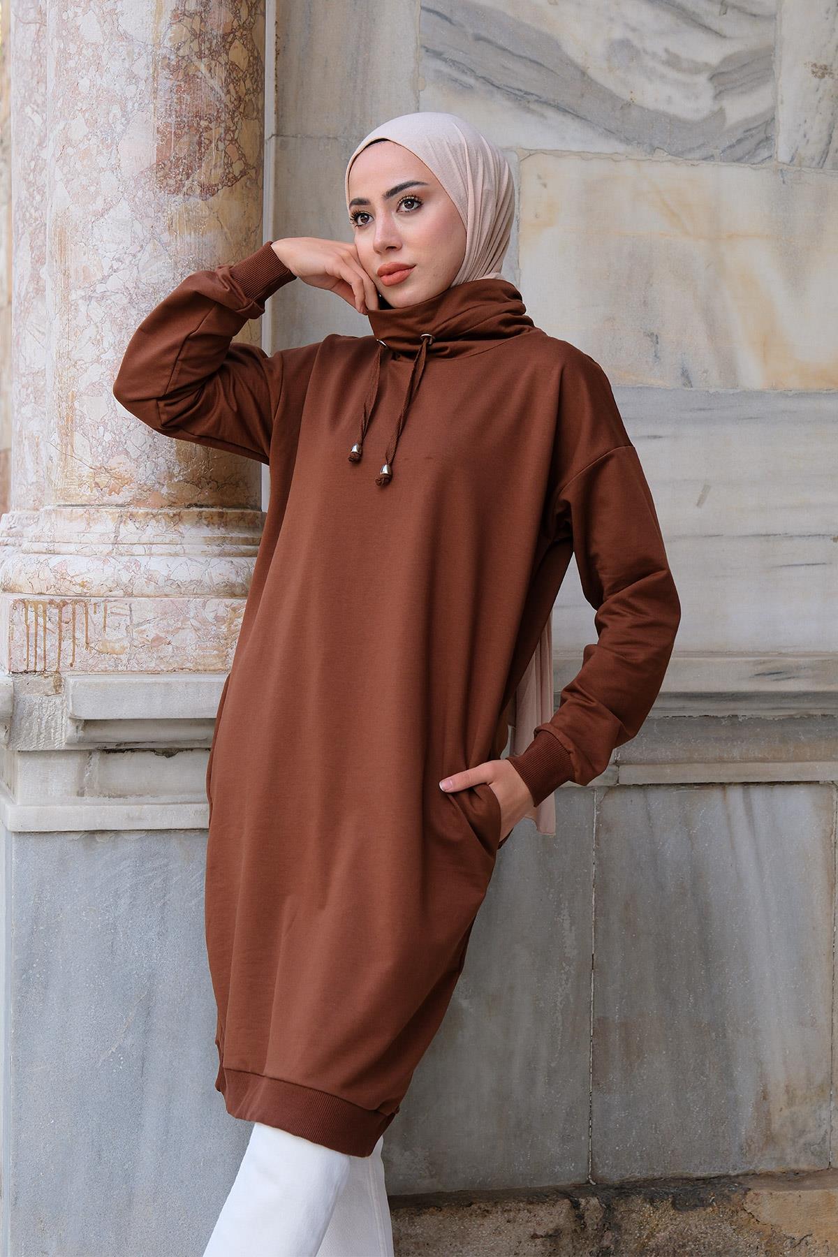 Balıçı Yaka Uzun Boy Tunik Kahverengi
