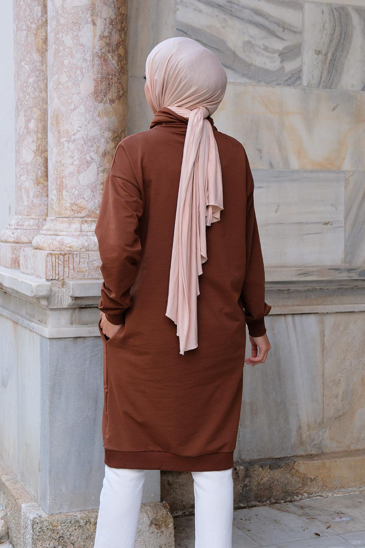 Balıçı Yaka Uzun Boy Tunik Kahverengi
