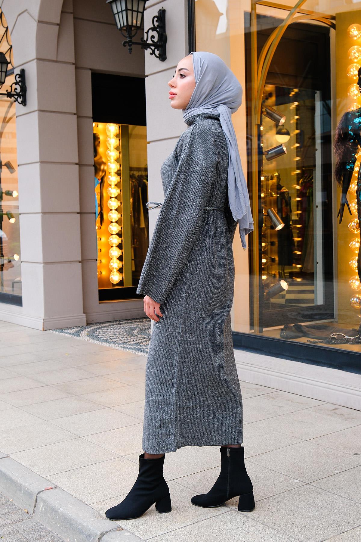 Balıkçı Yaka Simli  Triko Elbise Gri