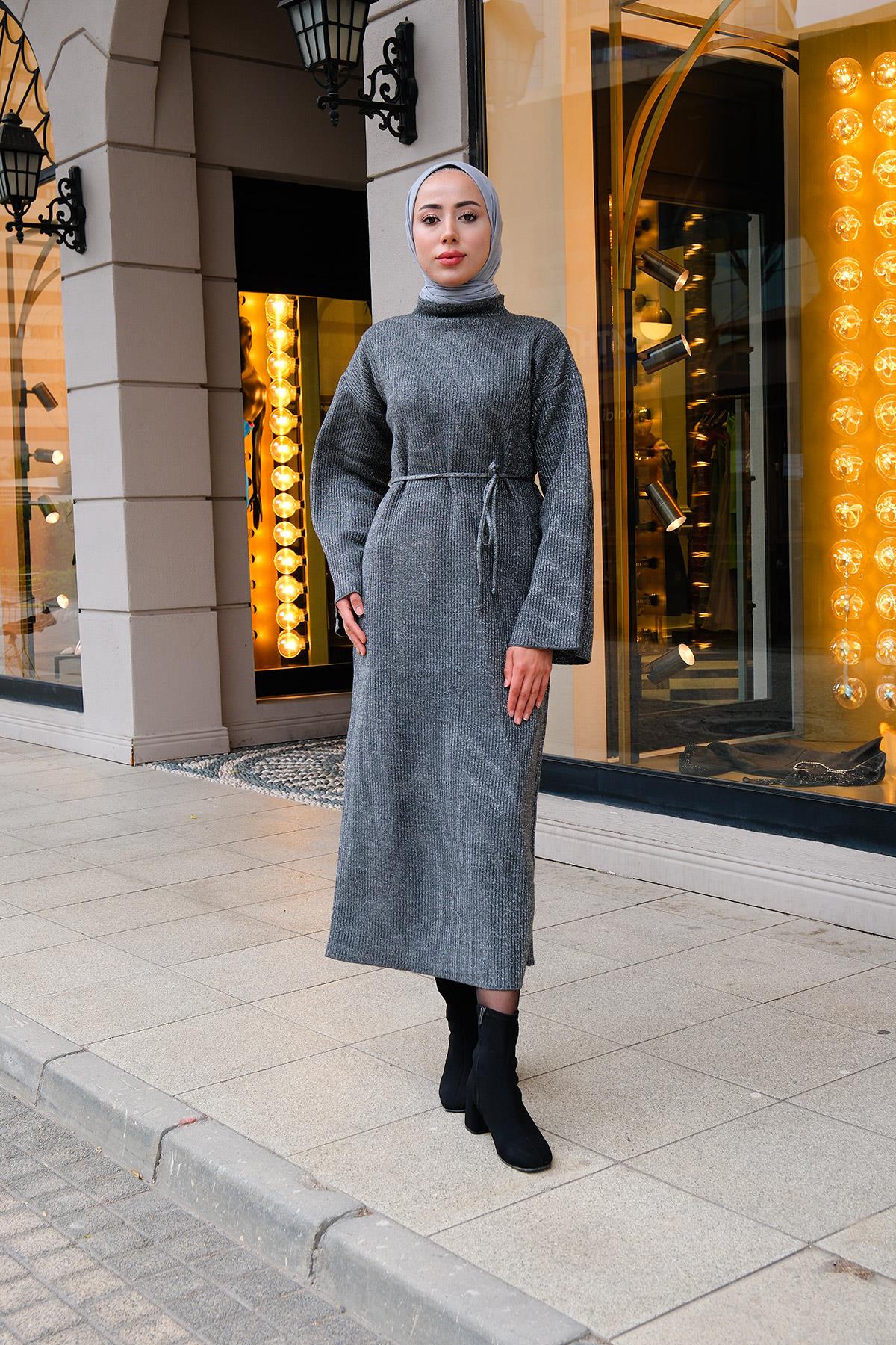 Balıkçı Yaka Simli  Triko Elbise Gri