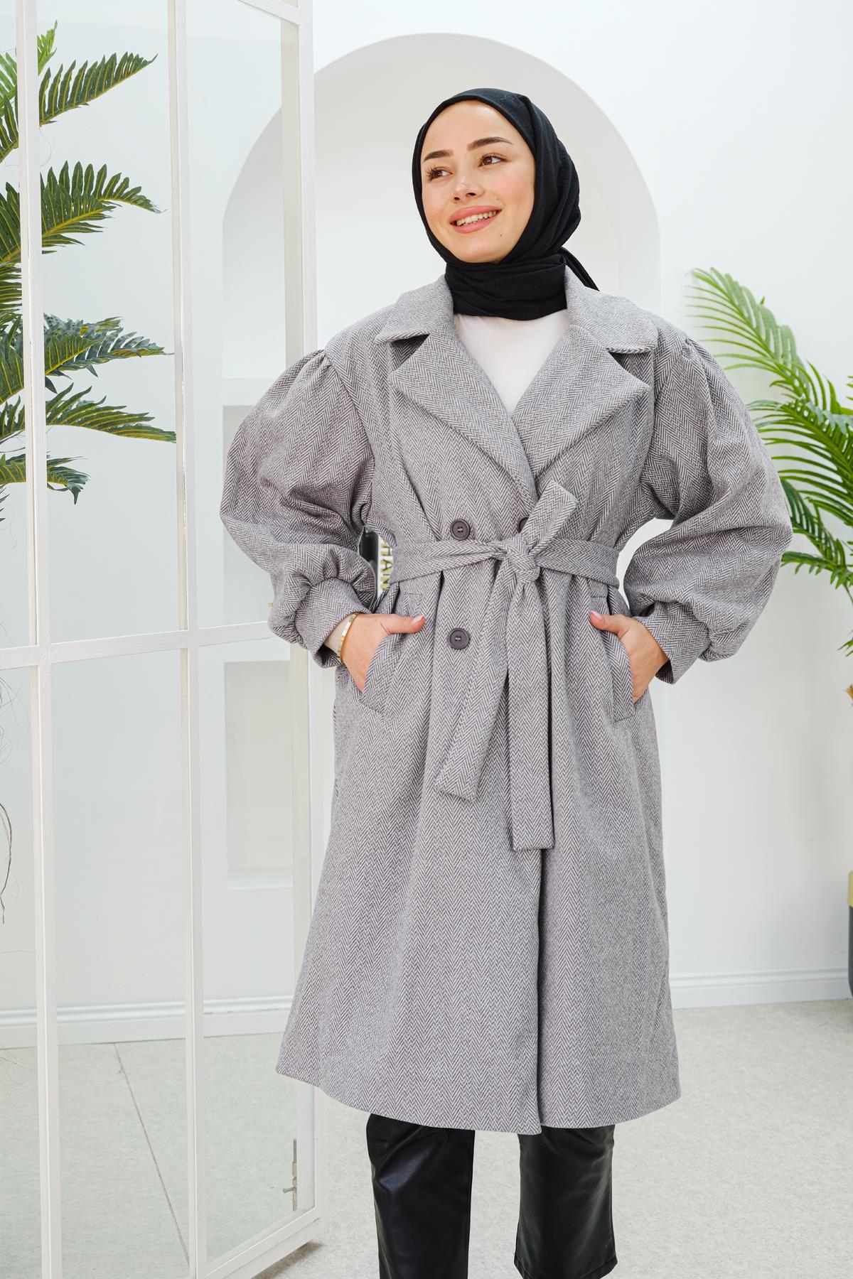 Balıksırtı Desen Balon Kol Kruvaze Kaban Gri