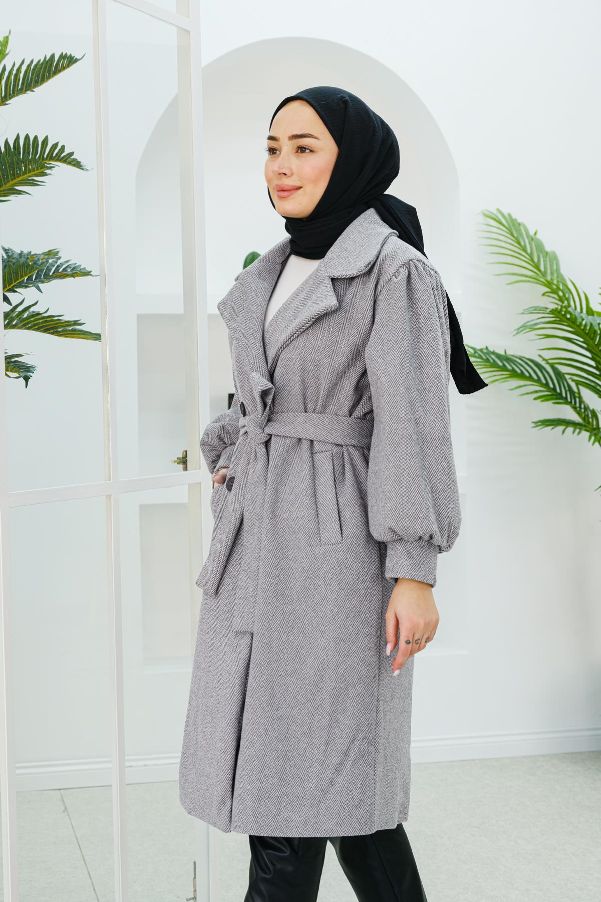 Balıksırtı Desen Balon Kol Kruvaze Kaban Gri