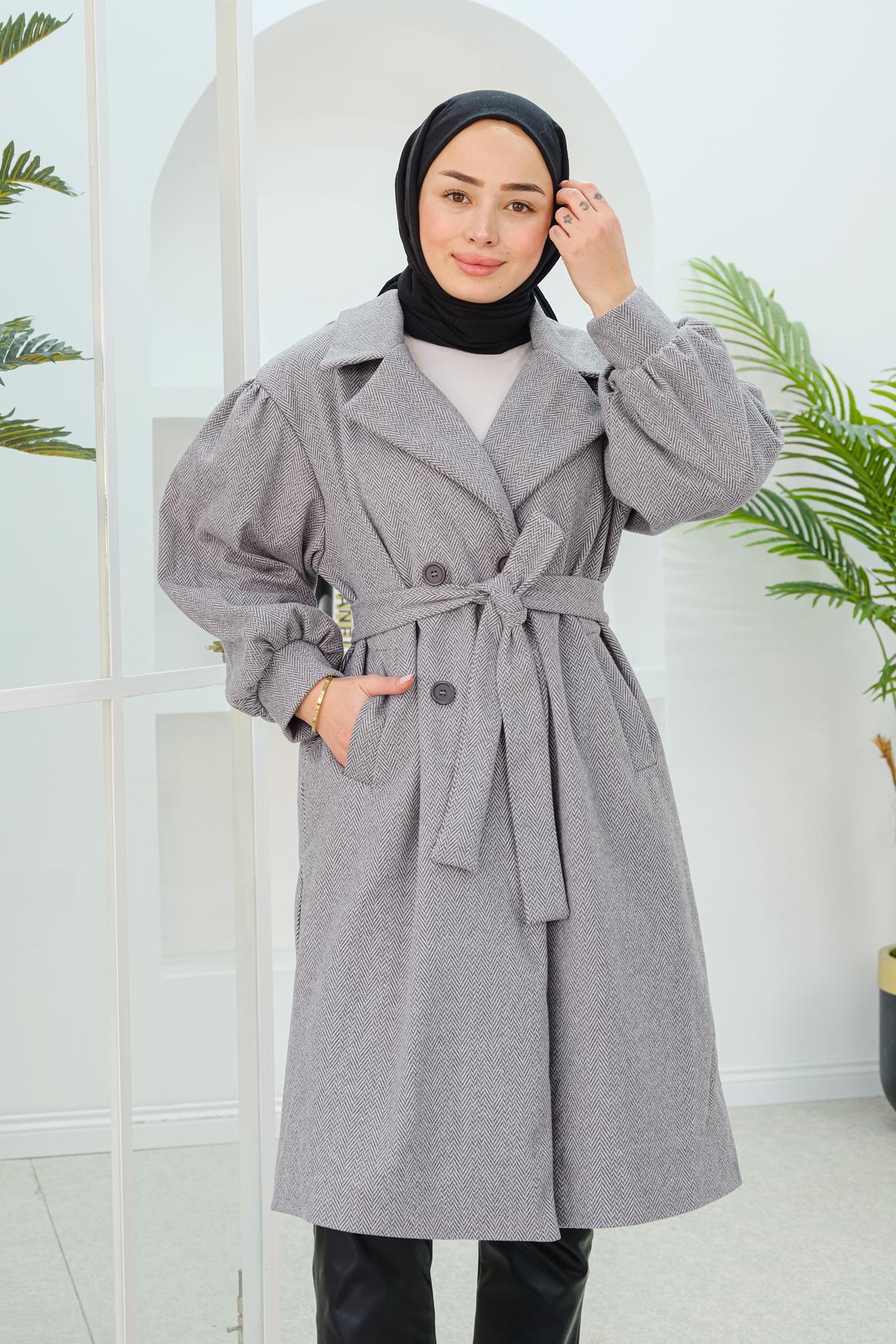 Balıksırtı Desen Balon Kol Kruvaze Kaban Gri