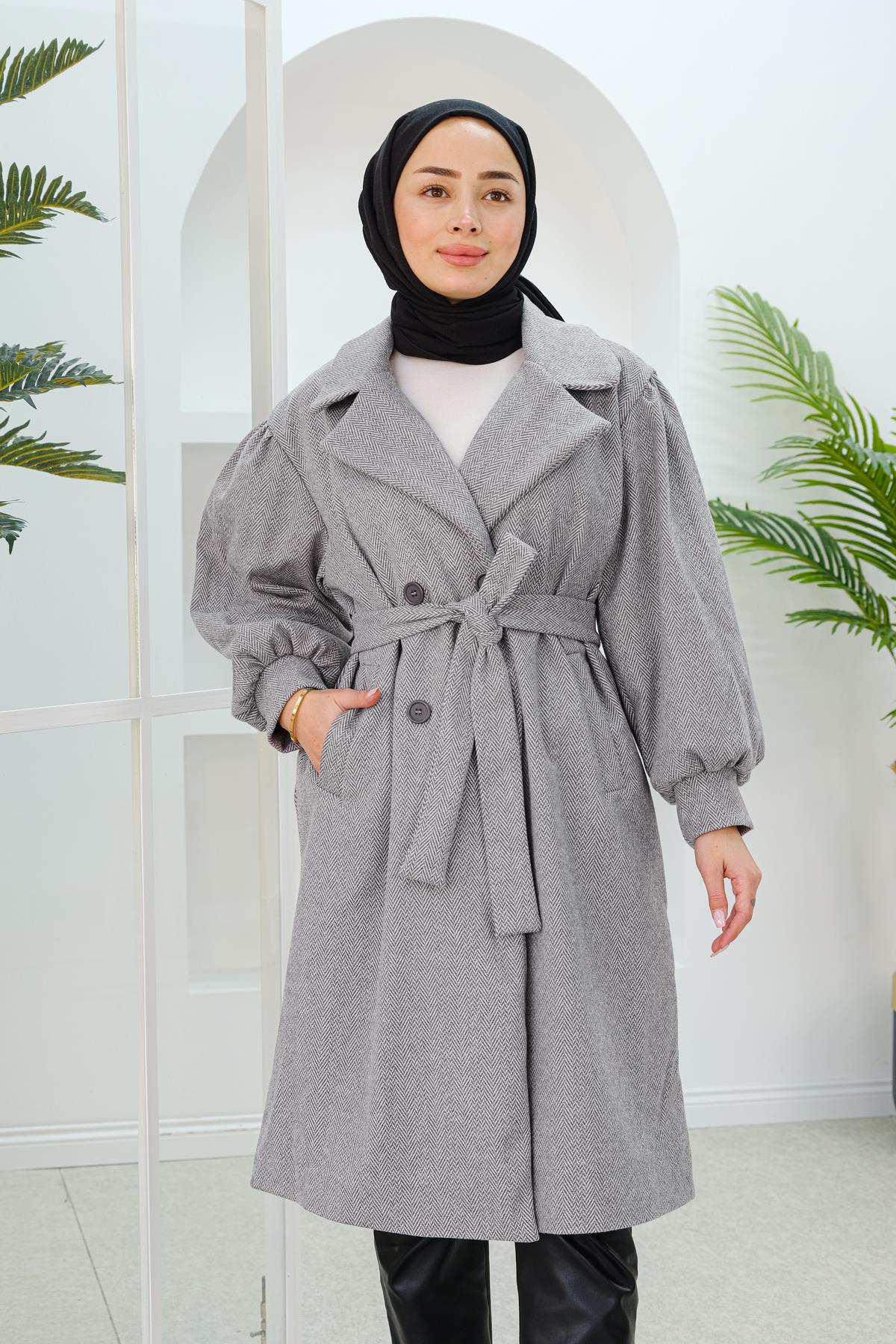 Balıksırtı Desen Balon Kol Kruvaze Kaban Gri