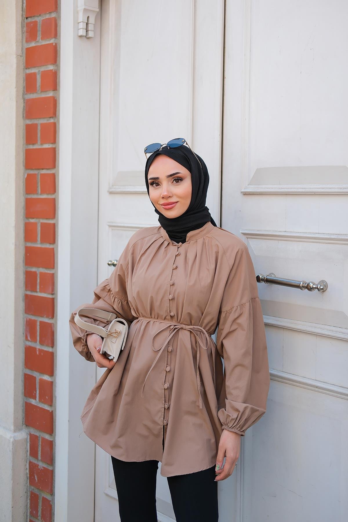 Balon Kol Bel Bağlamalı Gömlek Vizon