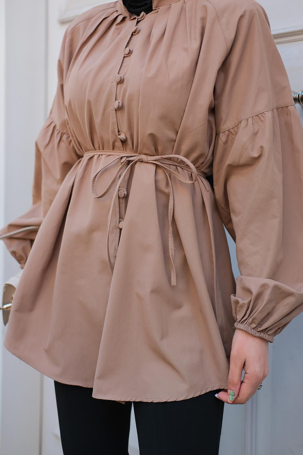 Balon Kol Bel Bağlamalı Gömlek Vizon