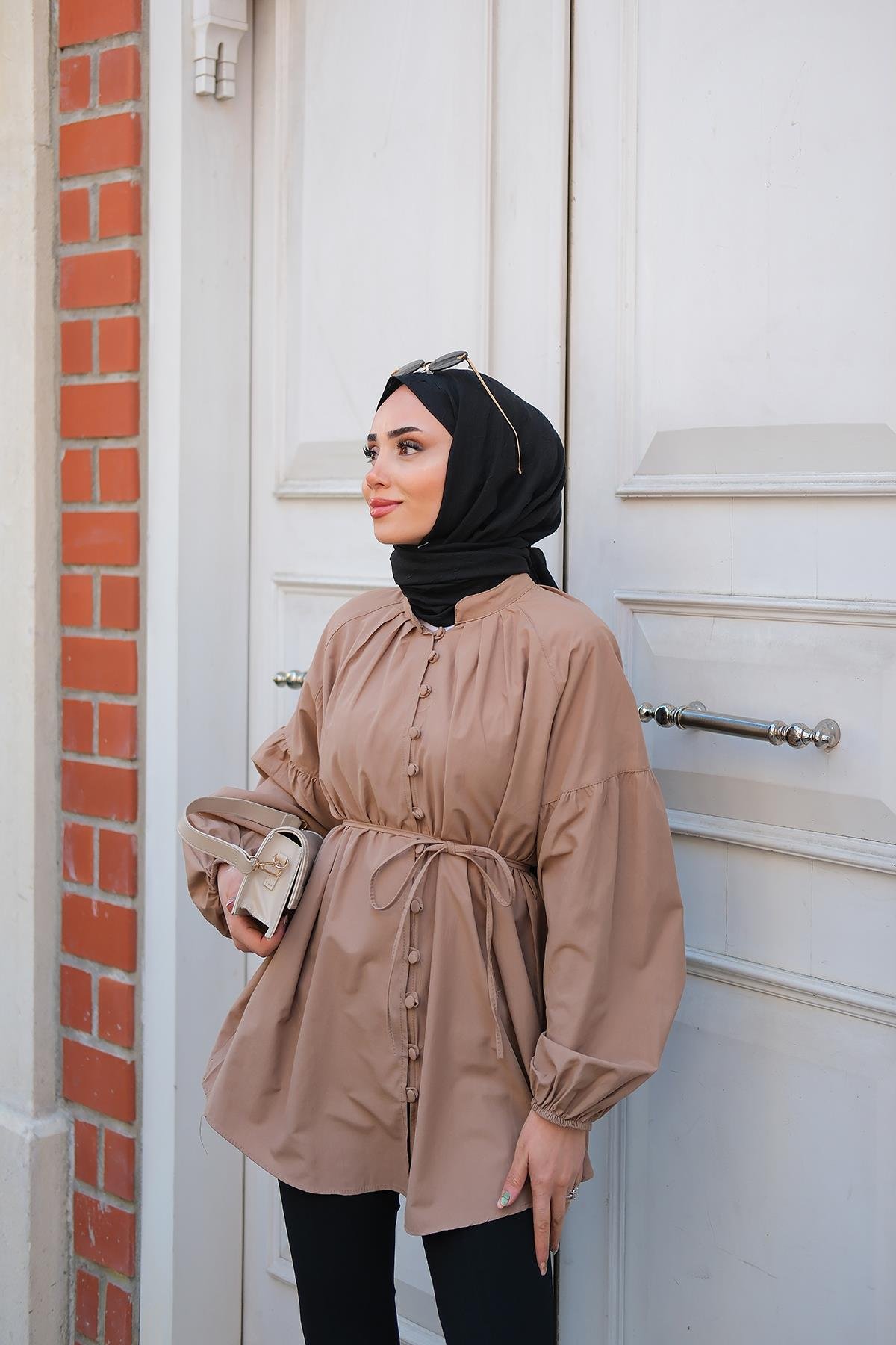 Balon Kol Bel Bağlamalı Gömlek Vizon