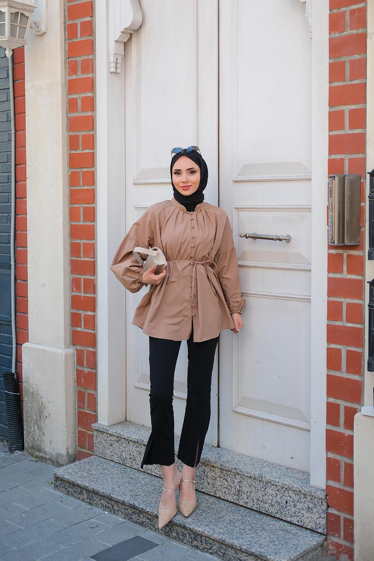 Balon Kol Bel Bağlamalı Gömlek Vizon