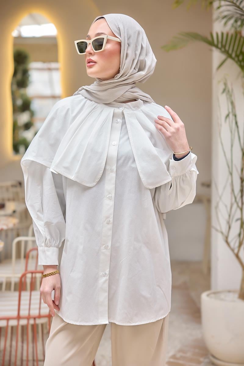 Balon Kol Çift Yaka Gömlek Beyaz