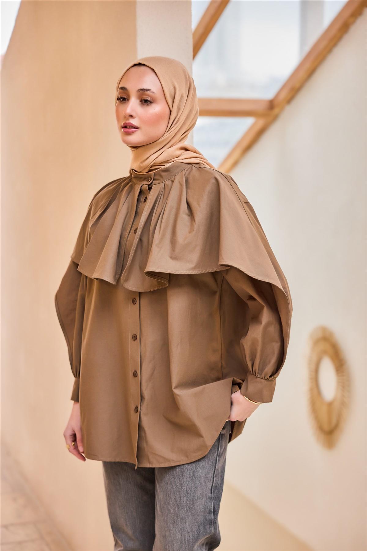 Balon Kol Çift Yaka Gömlek Kahverengi