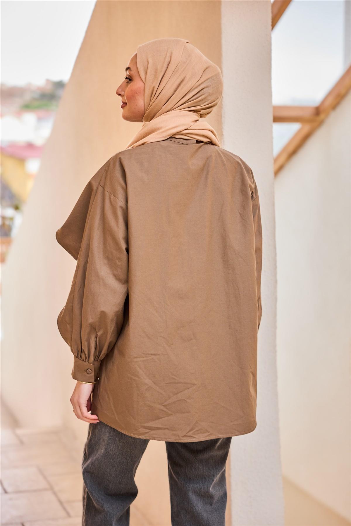 Balon Kol Çift Yaka Gömlek Kahverengi