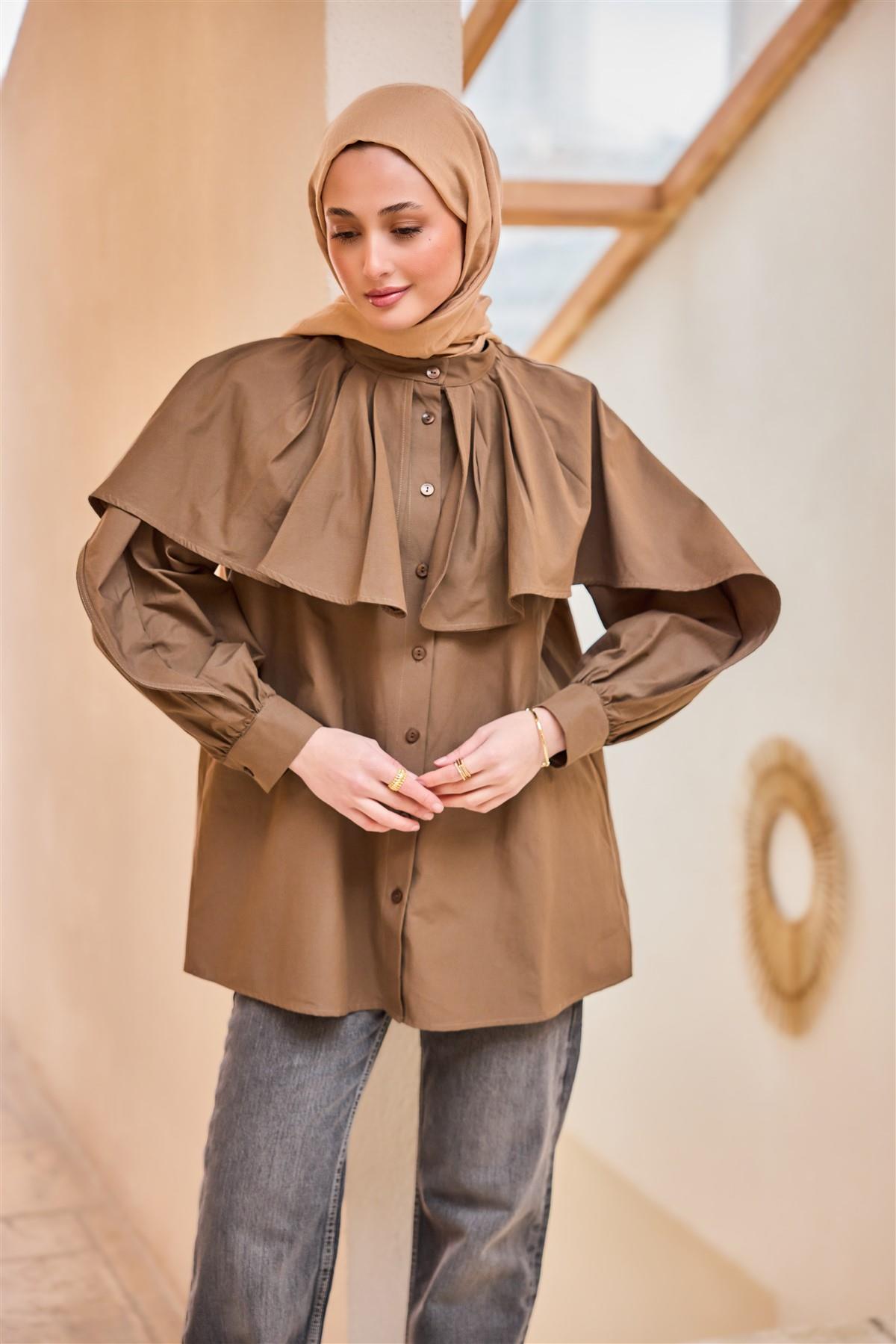 Balon Kol Çift Yaka Gömlek Kahverengi