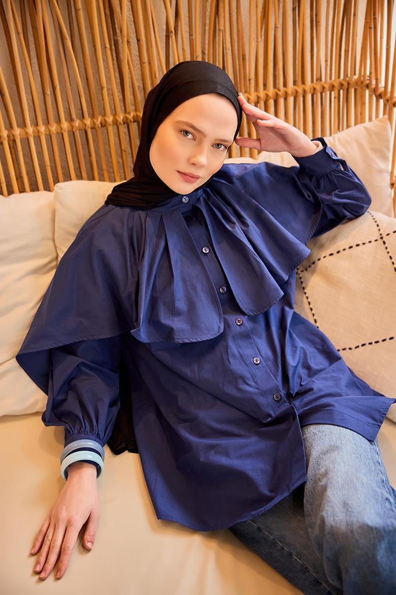 Balon Kol Çift Yaka Gömlek Lacivert