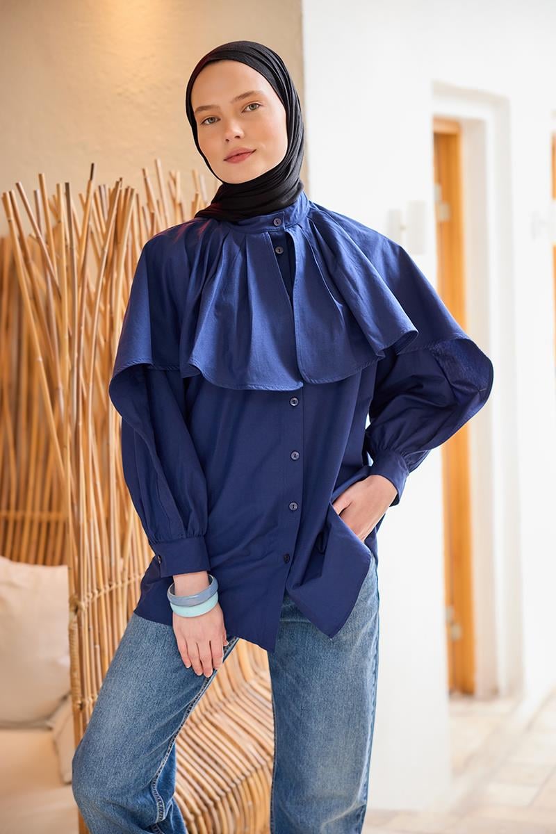 Balon Kol Çift Yaka Gömlek Lacivert
