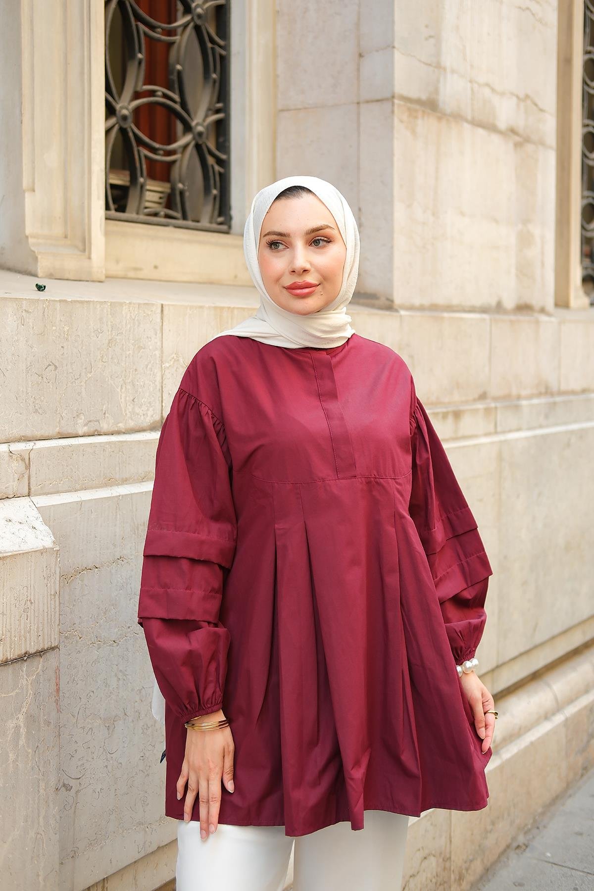 Balon Kol Pile Detaylı Tunik  Bordo