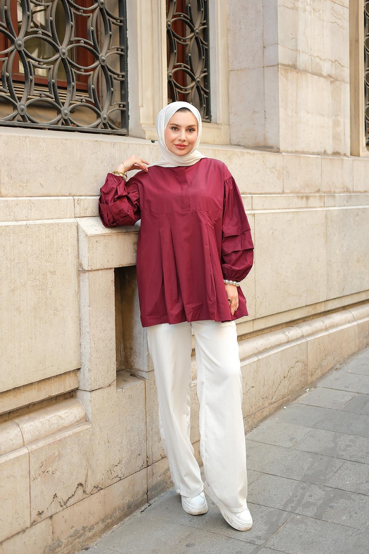 Balon Kol Pile Detaylı Tunik  Bordo