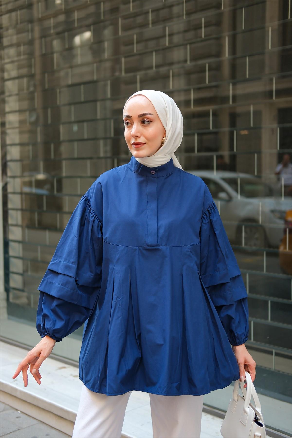 Balon Kol Pile Detaylı Tunik  Lacivert