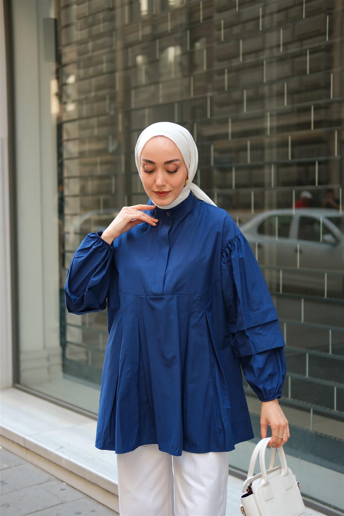 Balon Kol Pile Detaylı Tunik  Lacivert