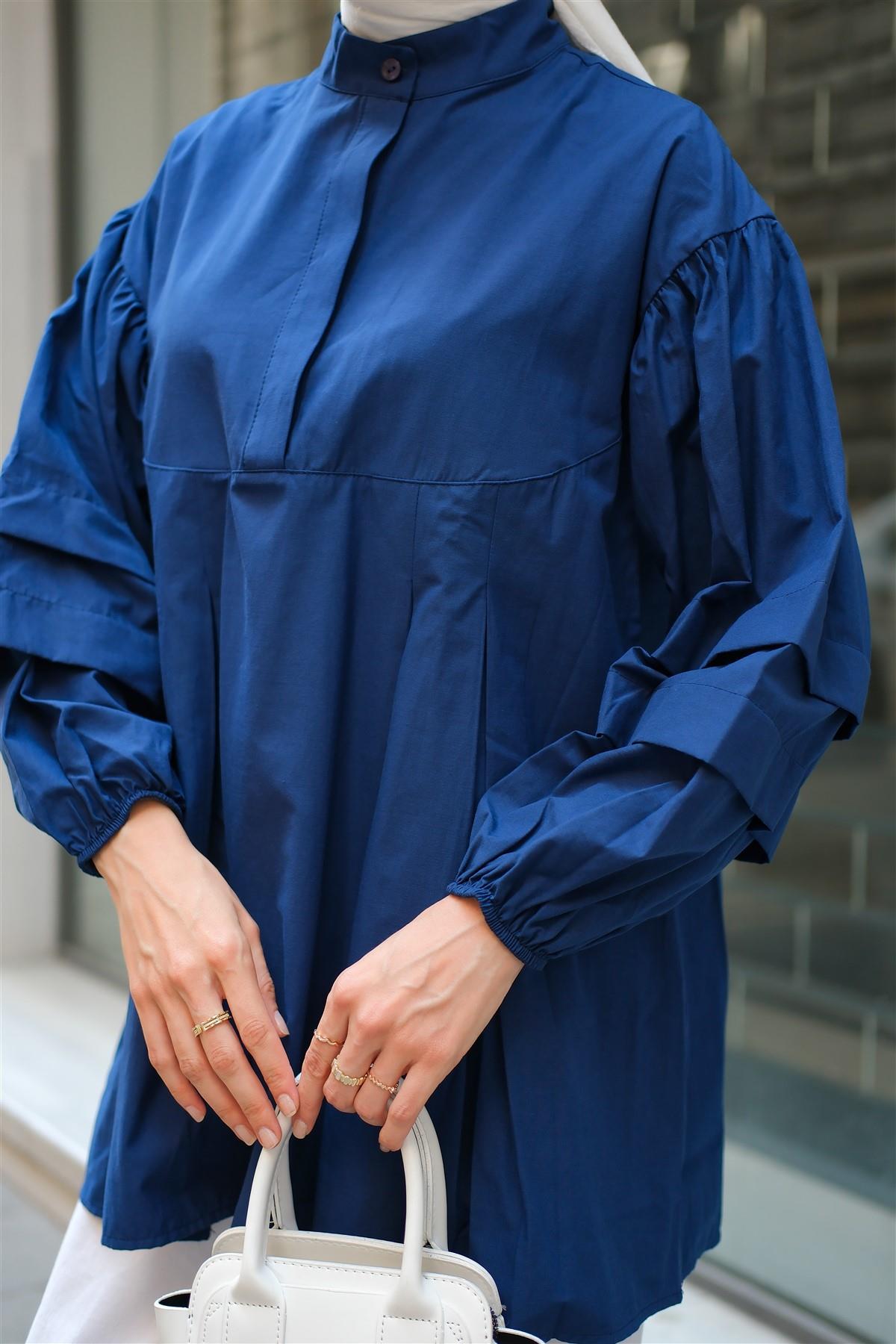 Balon Kol Pile Detaylı Tunik  Lacivert