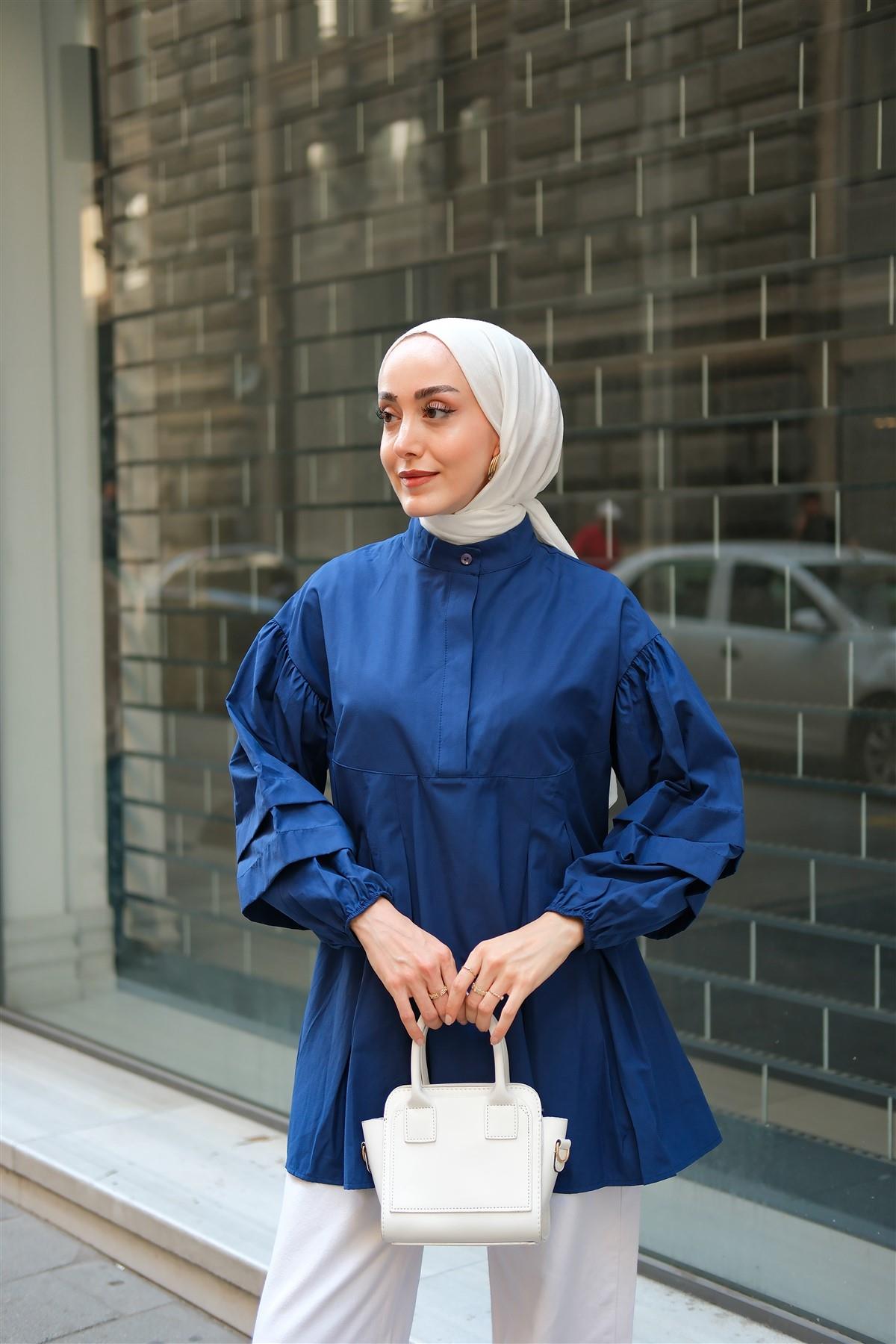 Balon Kol Pile Detaylı Tunik  Lacivert