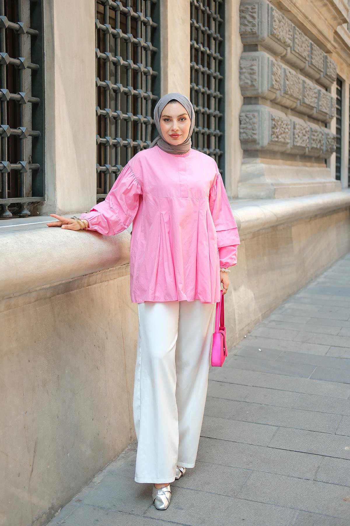 Balon Kol Pile Detaylı Tunik  Pembe