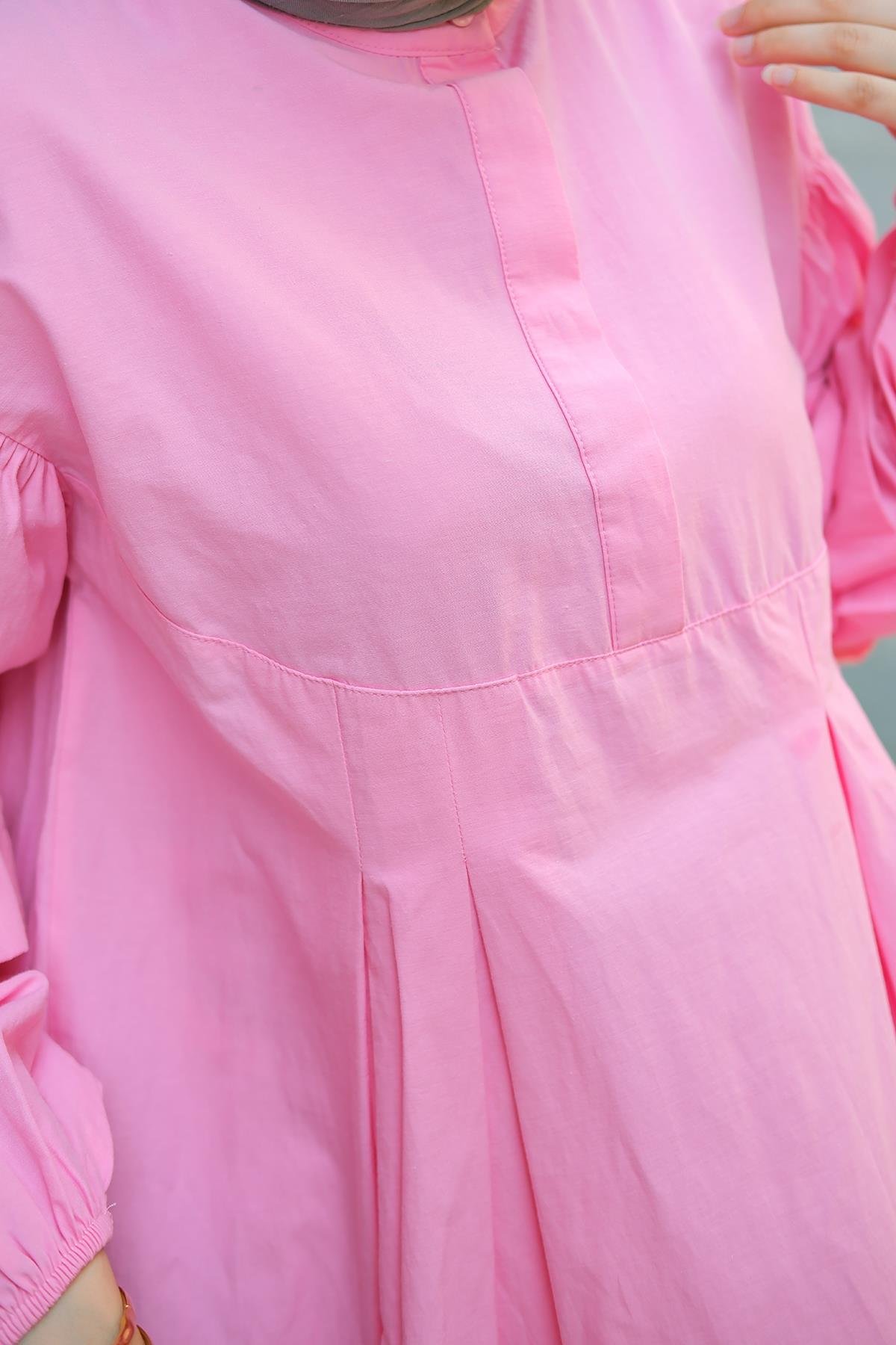 Balon Kol Pile Detaylı Tunik  Pembe