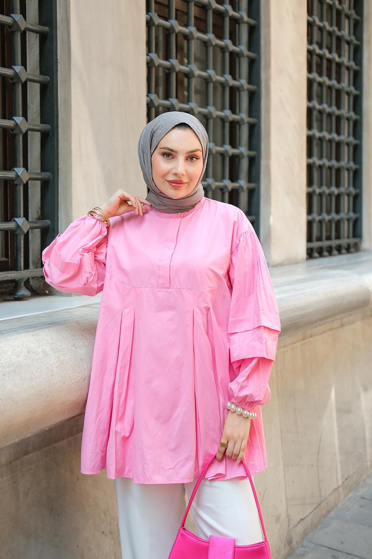 Balon Kol Pile Detaylı Tunik  Pembe