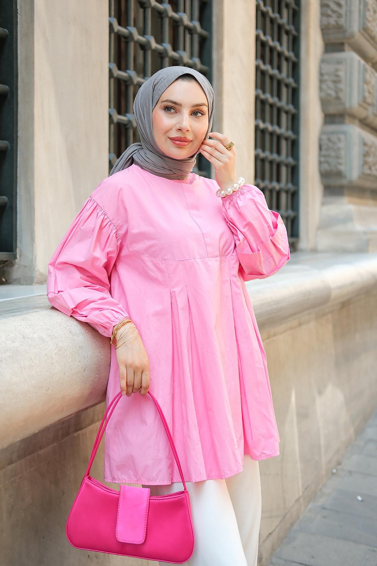 Balon Kol Pile Detaylı Tunik  Pembe