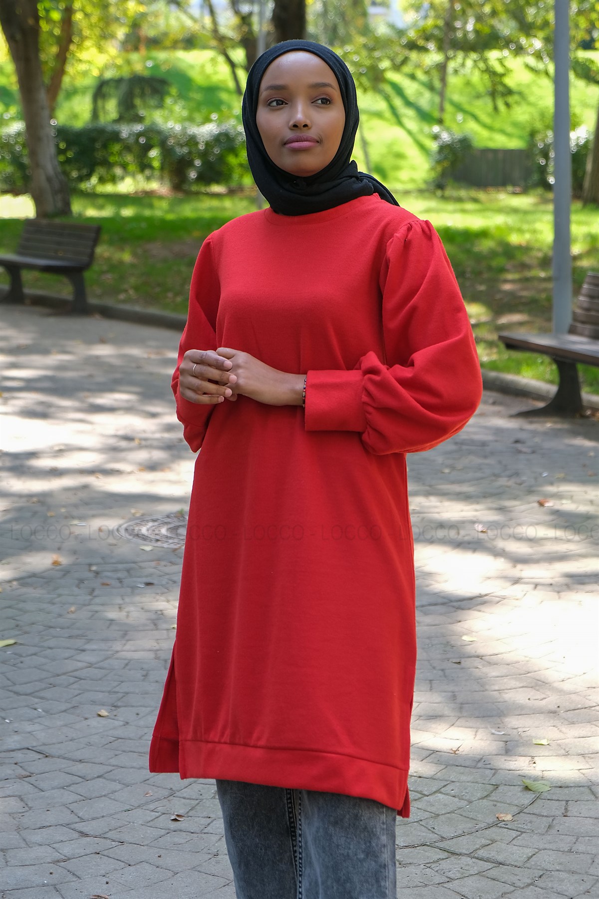 Uygun Fiyatlı BALON KOL SELANIK TUNIK KIRMIZI | Loccomoda.com 
