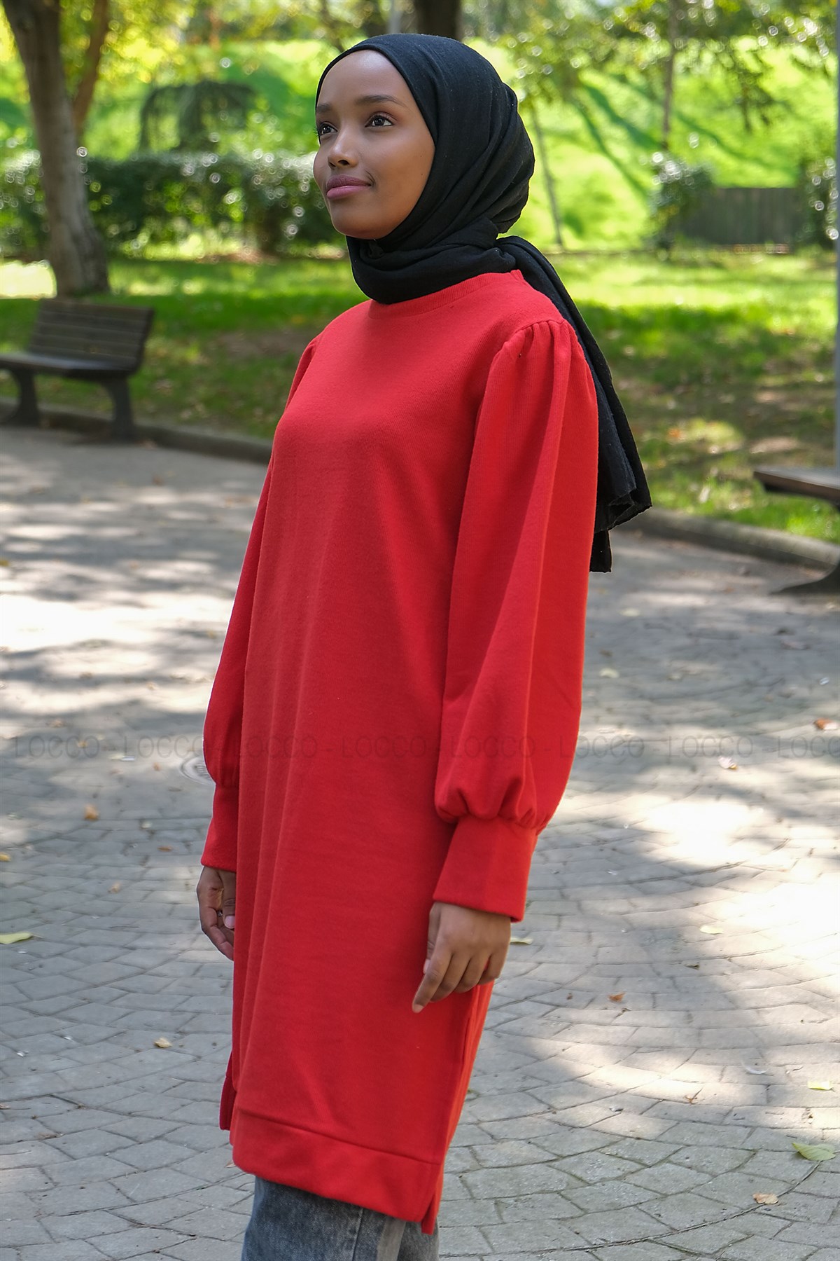 Uygun Fiyatlı BALON KOL SELANIK TUNIK KIRMIZI | Loccomoda.com 