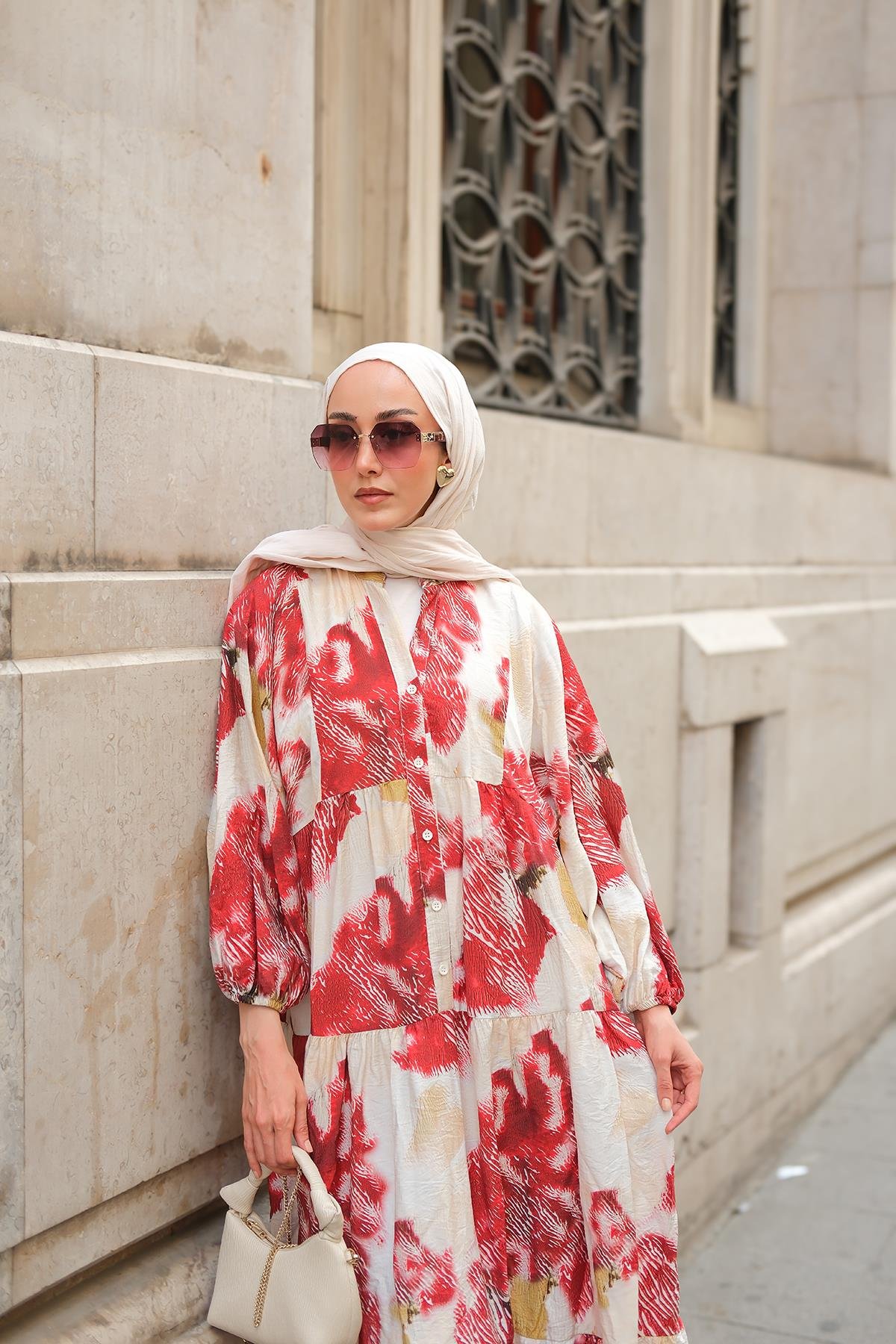 Baskı Desenli Elbise Kırmızı