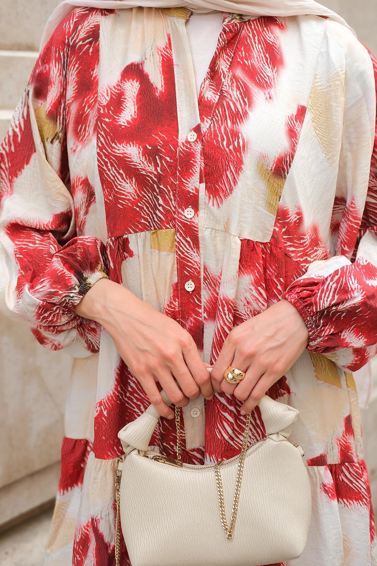 Baskı Desenli Elbise Kırmızı