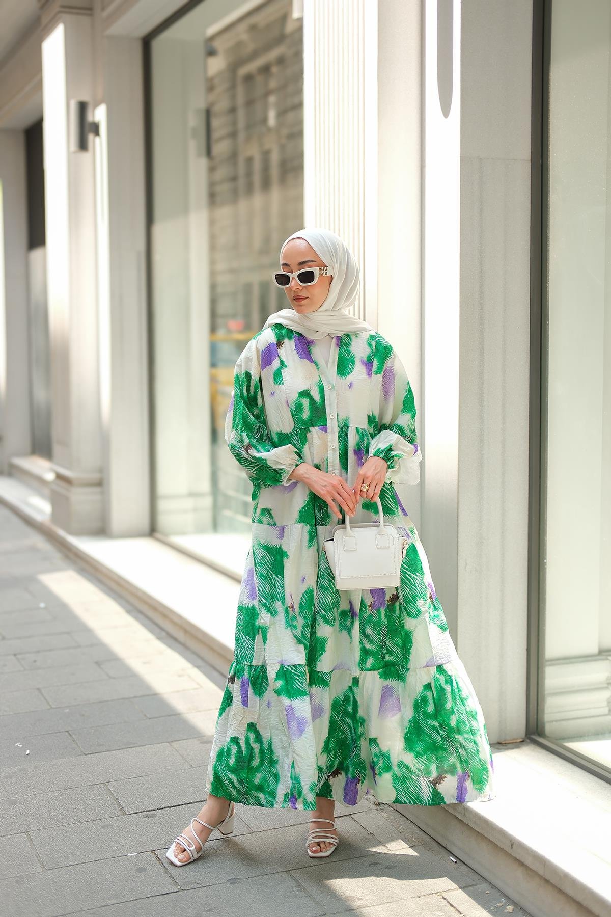 Baskı Desenli Elbise Yeşil