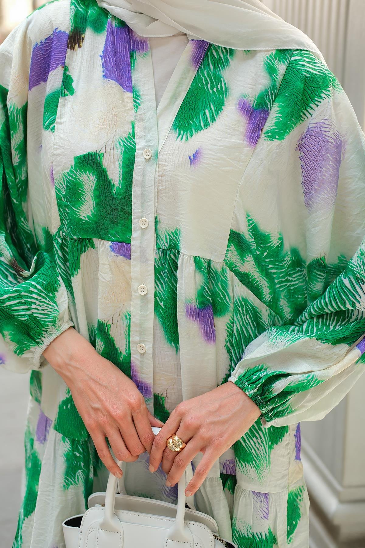 Baskı Desenli Elbise Yeşil