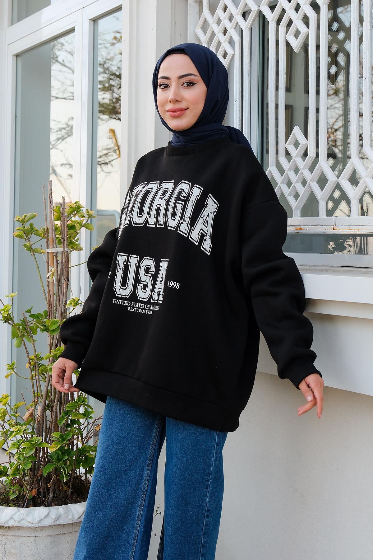 Baskılı Oversize Sweat  Siyah