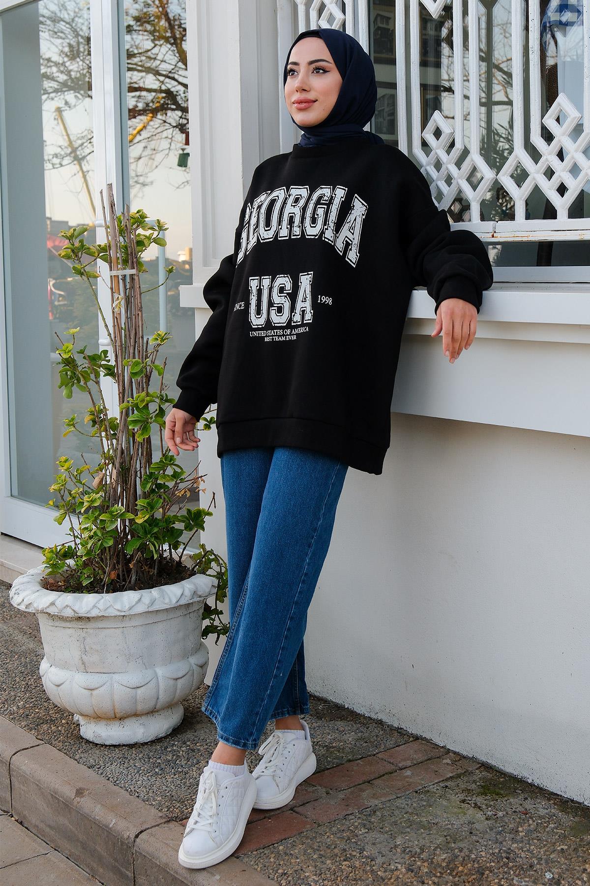 Baskılı Oversize Sweat  Siyah