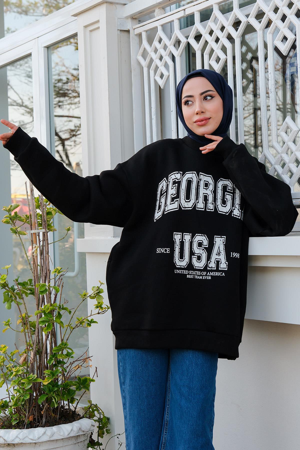 Baskılı Oversize Sweat  Siyah