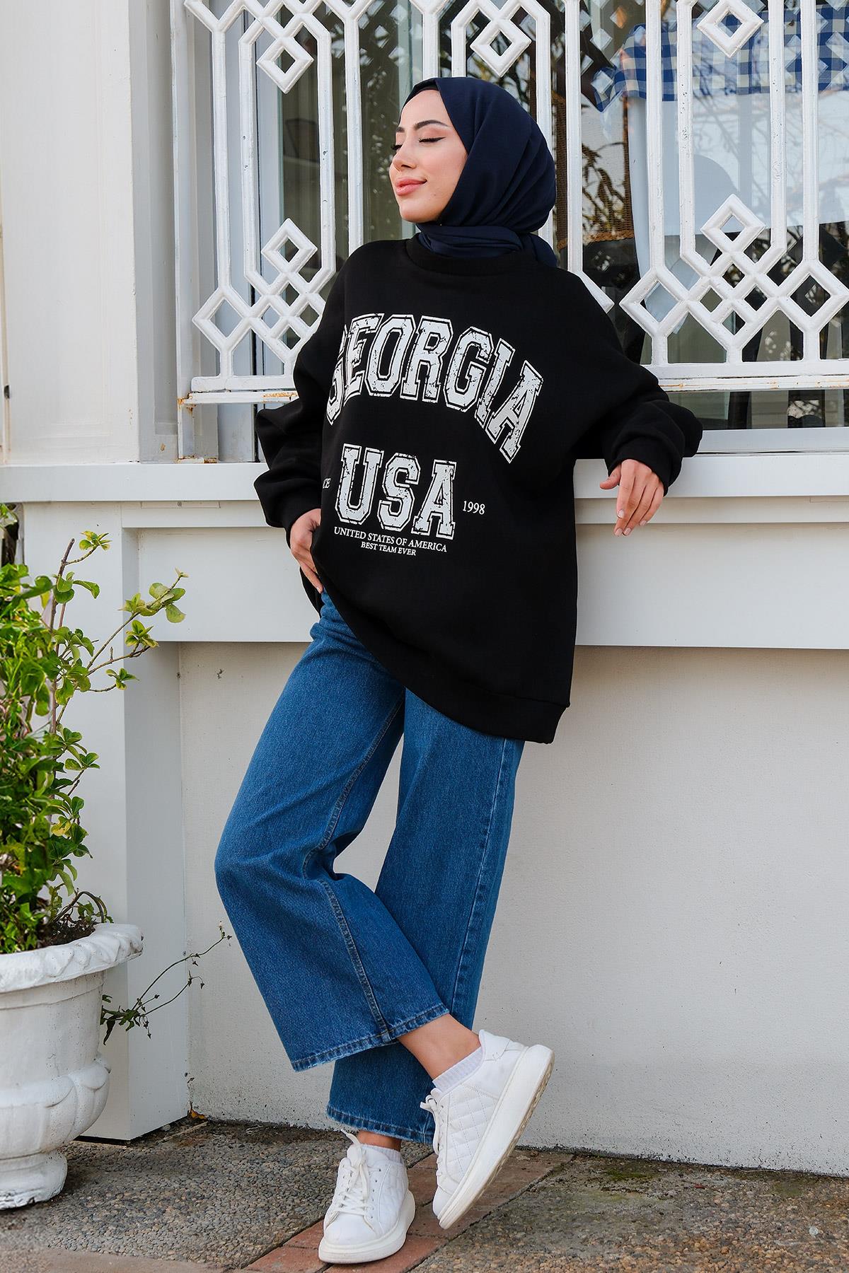 Baskılı Oversize Sweat  Siyah