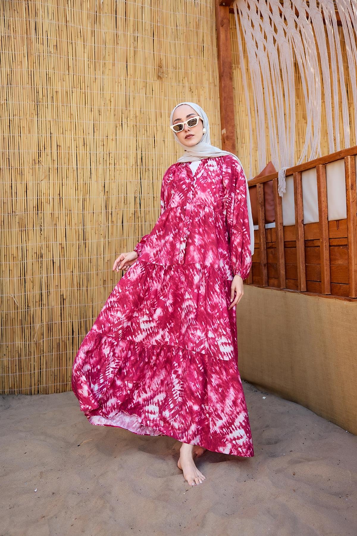 Batik Desen Elbise Fuşya