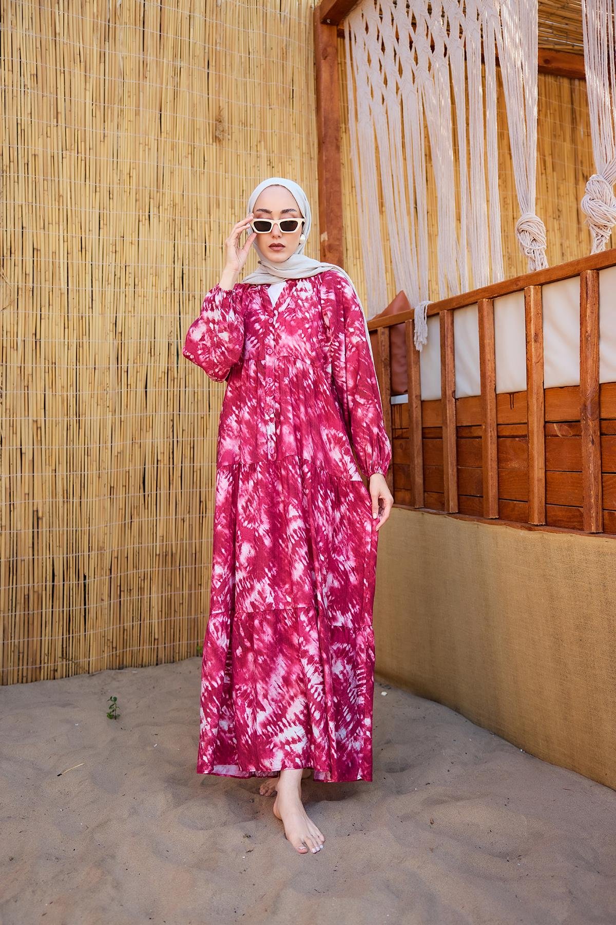 Batik Desen Elbise Fuşya